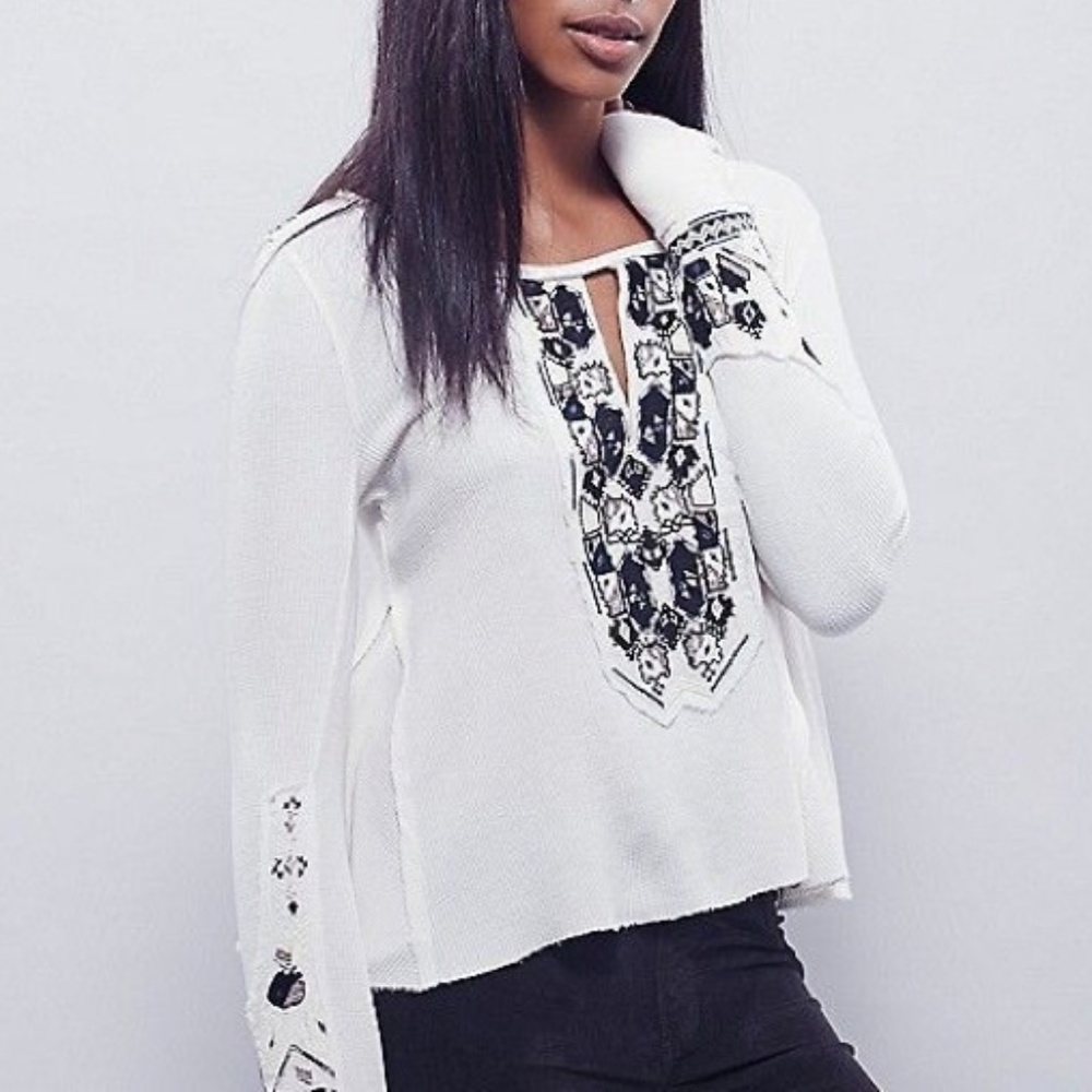 Free People Marion Embroidered Cream Shirt S NWT